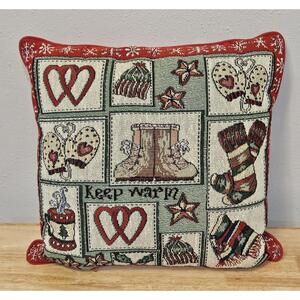 Winter Christmas Holiday Tapestry Throw Pillow Keep Warm Mittens Socks Scarf Hat